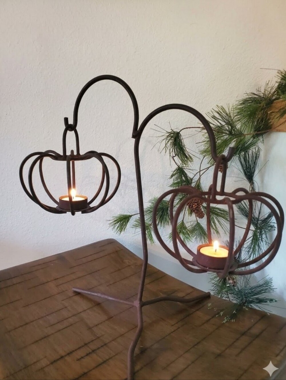 Home Interiors Pumpkin Wrought Iron Double Hanging Candle Holder Vintage 90s